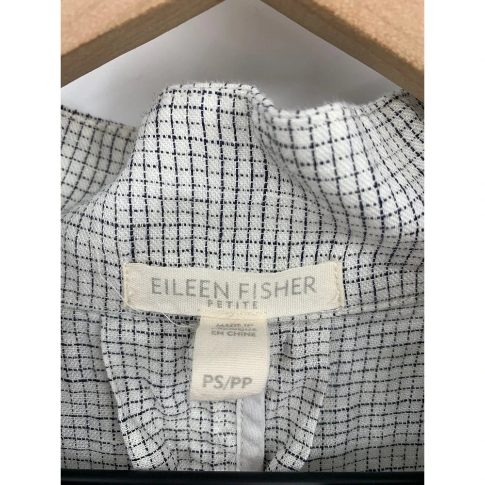 Eileen Fisher Jacket Womens Small Petite White Black Check Organic Linen Button